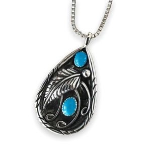 New Handmade Sterling Silver Turquoise Native Bohemian Leaf Water Drop Necklace